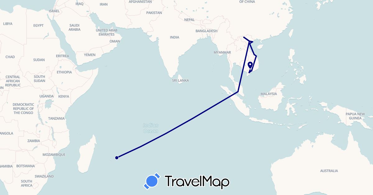 TravelMap itinerary: driving in Cambodia, Mauritius, Malaysia, Vietnam (Africa, Asia)